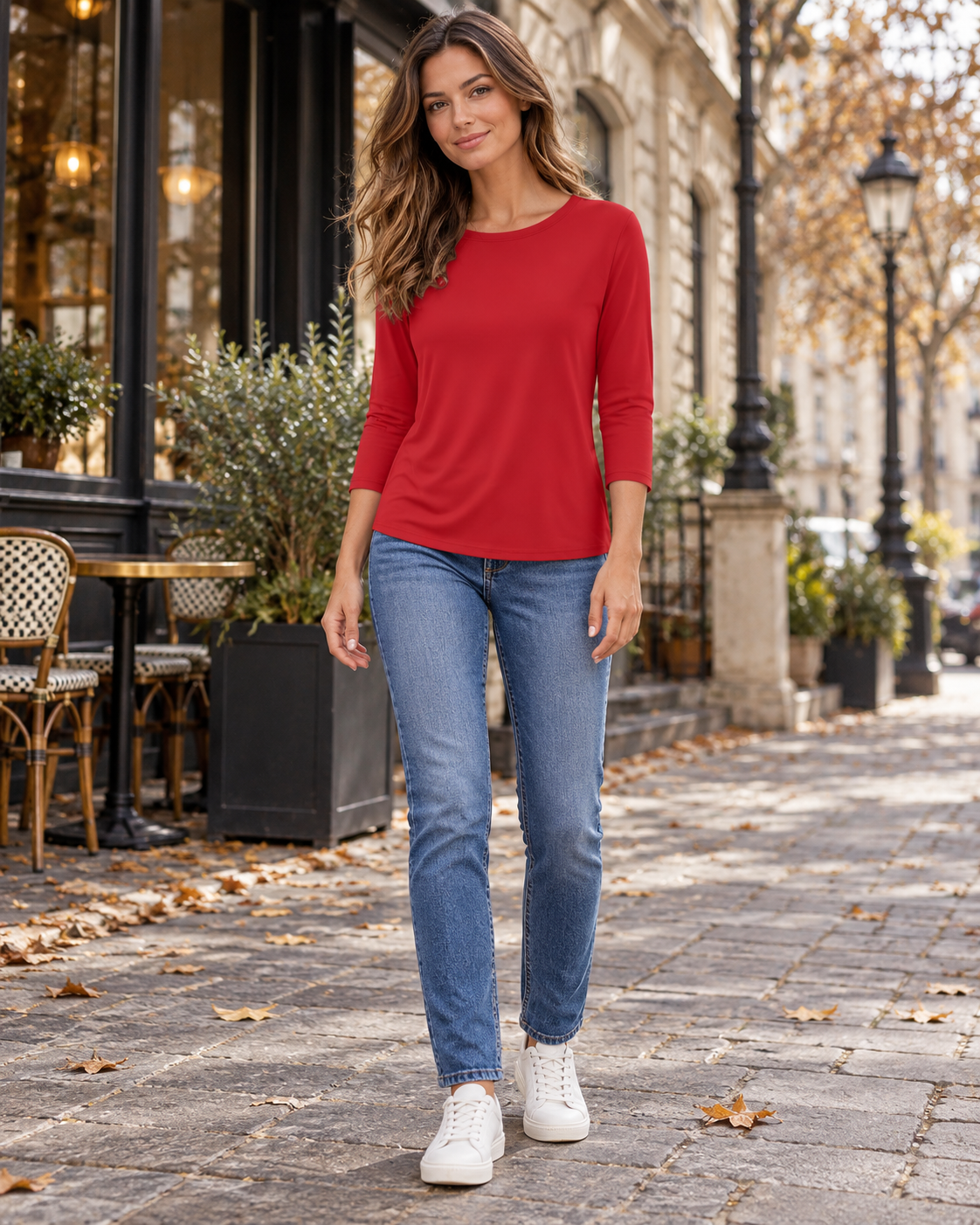 Jessa Women's Relaxed Crewneck Tunic in Soft Stretch Fabric with Three-Quarter Sleeves