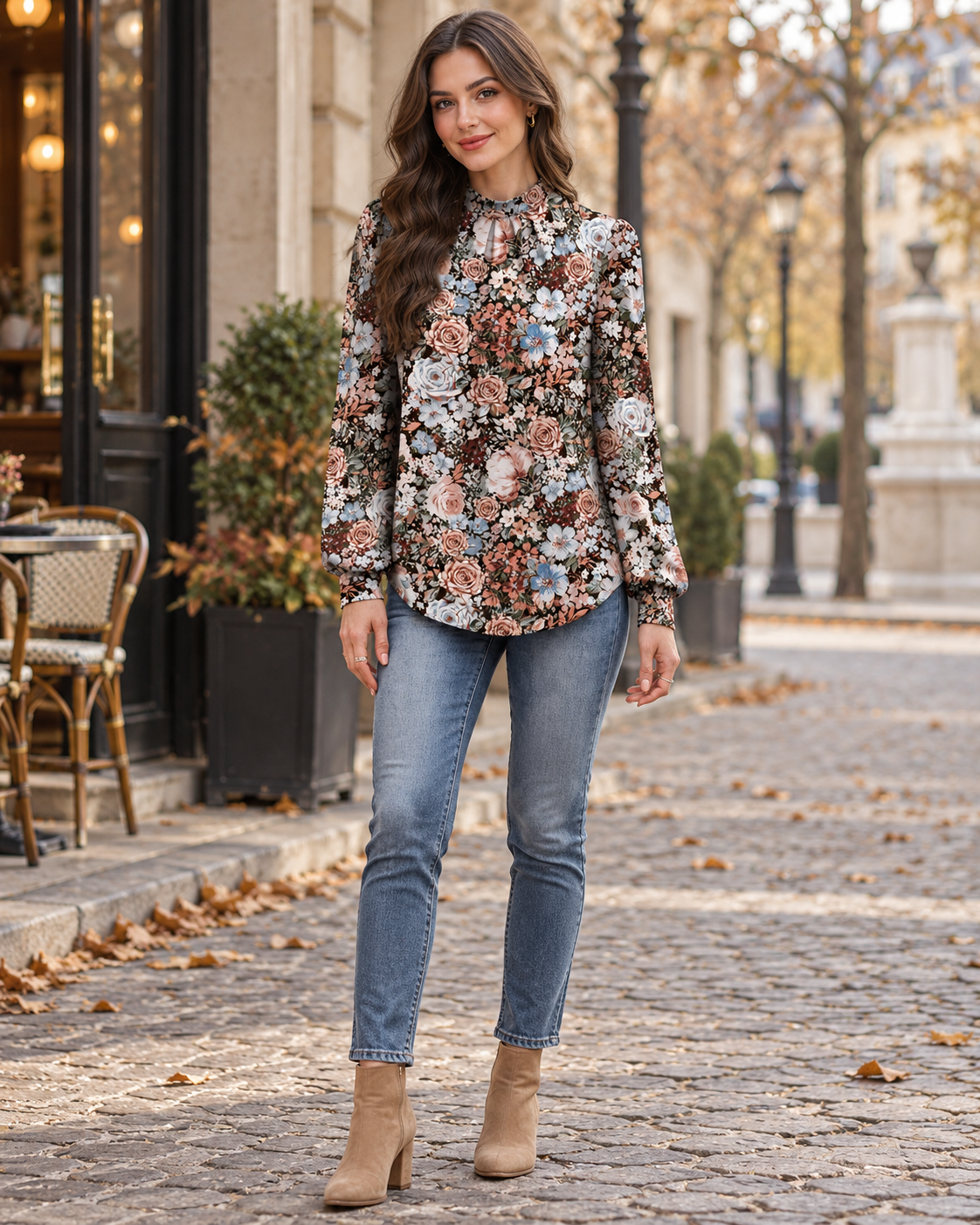 Blusa floreale da donna Uma con maniche lunghe a sbuffo, davanti plissettato e collo alto arricciato