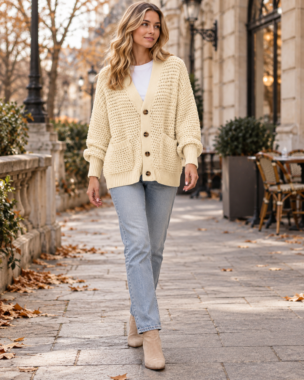Queenie for Women Chunky Cable Knit V-Neck Button-Front Cardigan Sweater with Pockets