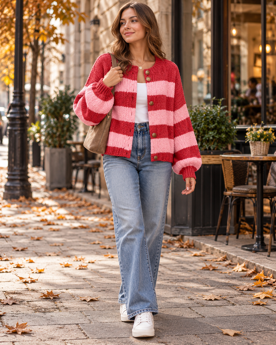 Vienna Women's Oversized Striped Chunky Cardigan featuring Gold-Tone Buttons and Sleeves