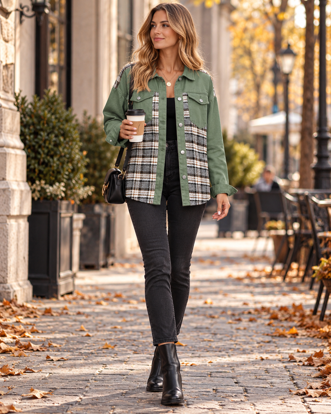 Patricia Women's Oversized Button-Front Shacket with Washed Denim and Woven Plaid Panels