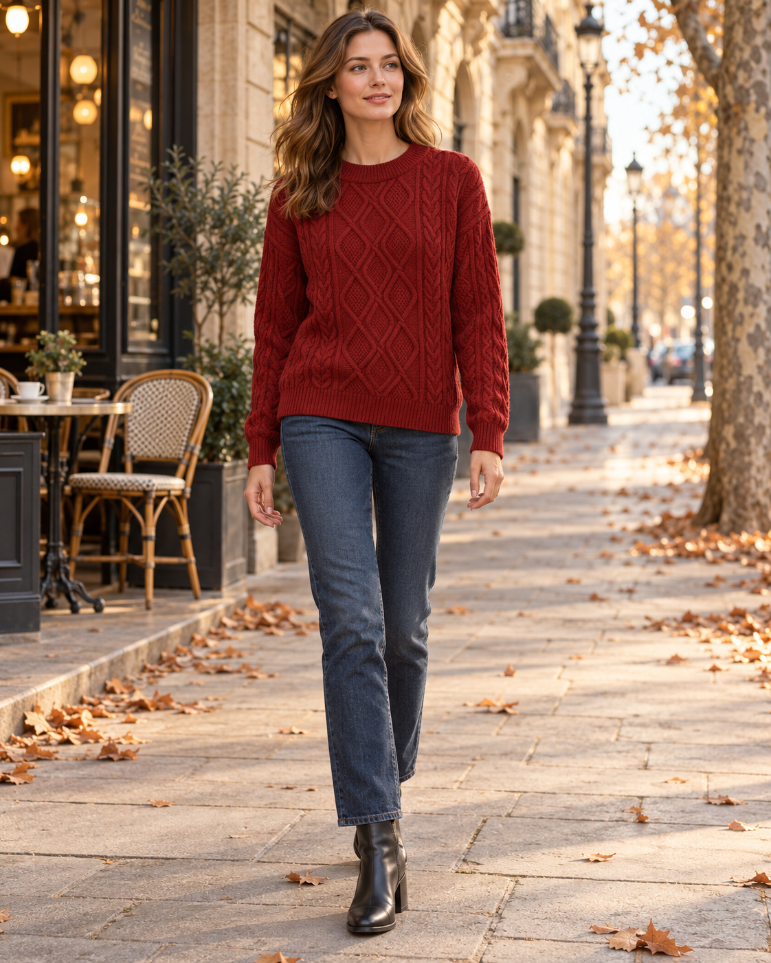 Nerissa - damski oversize'owy sweter z grubym warkoczowym splotem, okrągłym dekoltem i długimi rękawami, pulower w stylu vintage