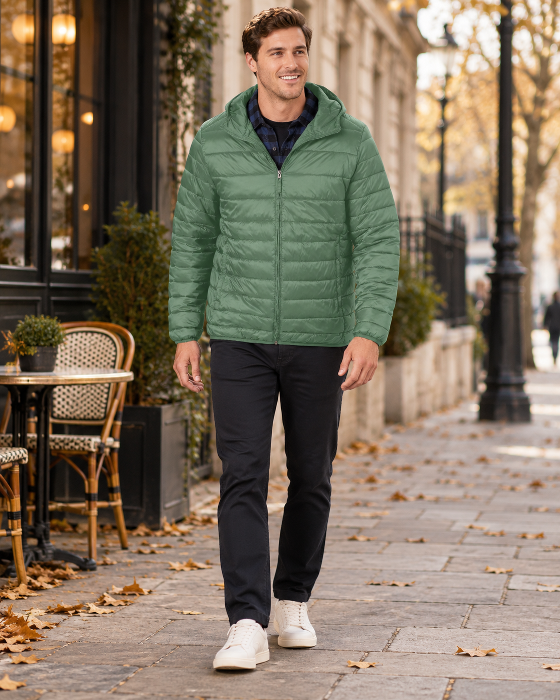 Yohan Men's Water-Resistant Nylon Puffer with Attached Hood, Zip Pockets and Carry Bag