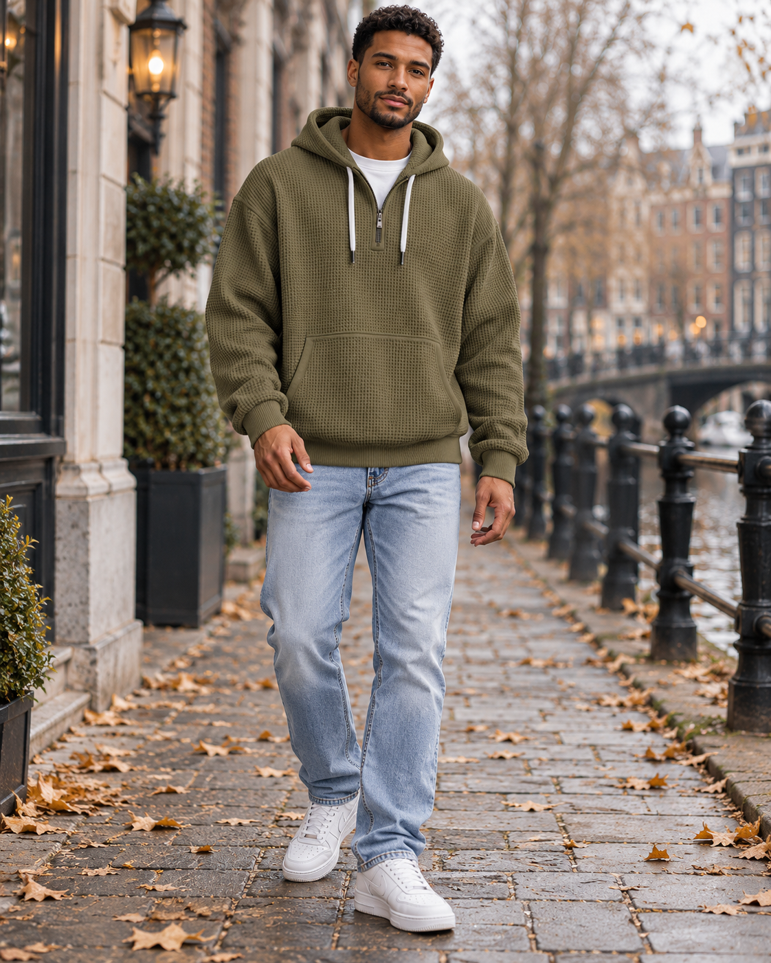 Sudadera con capucha de punto waffle para hombre Gian con capucha ajustable con cordón, punto waffle y bolsillo canguro