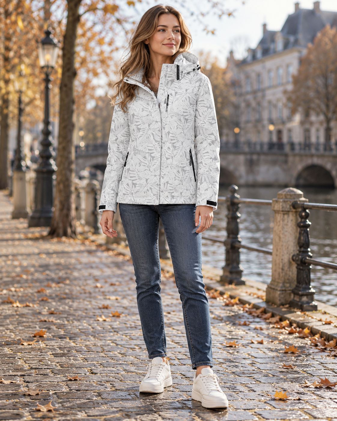 Carmina Women's Lightweight Waterproof Hooded Leaf Print Jacket with Zipper Pockets