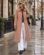 Zaria Women's Long Plaid Trench Coat featuring Classic Lapels and Single-Breasted Buttons