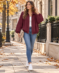 Vienna Women's Oversized Zip-Front Bomber with Pleated Detail and Long Batwing Sleeves