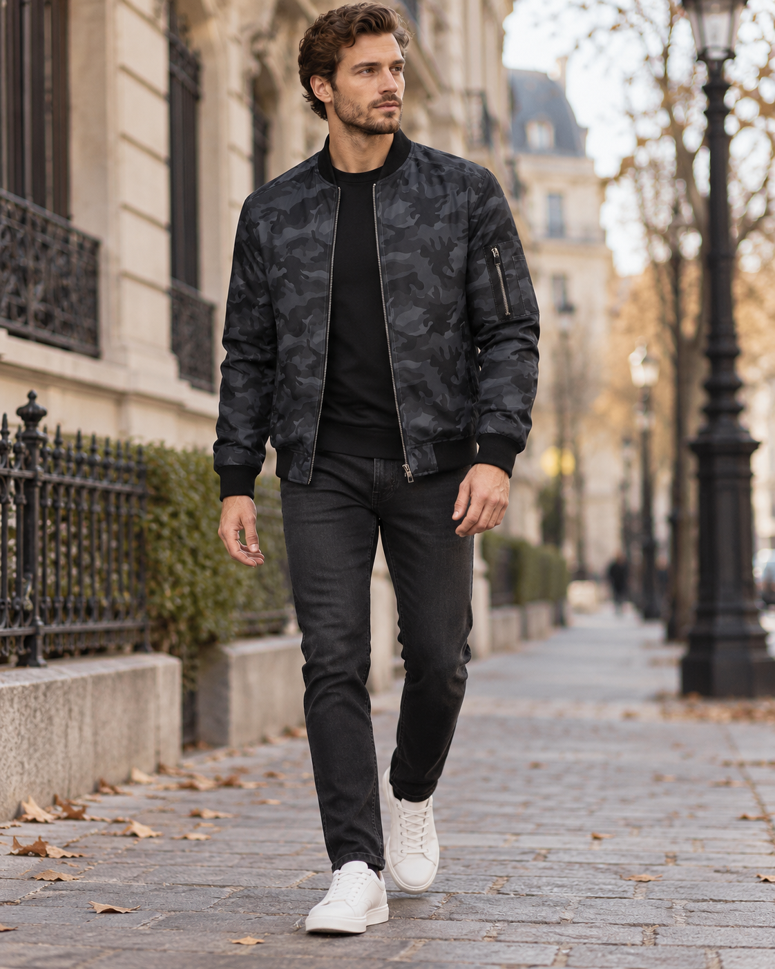 Wesley Men's Camouflage Bomber Jacket in Breathable Polyester with Ribbed Knit Trims