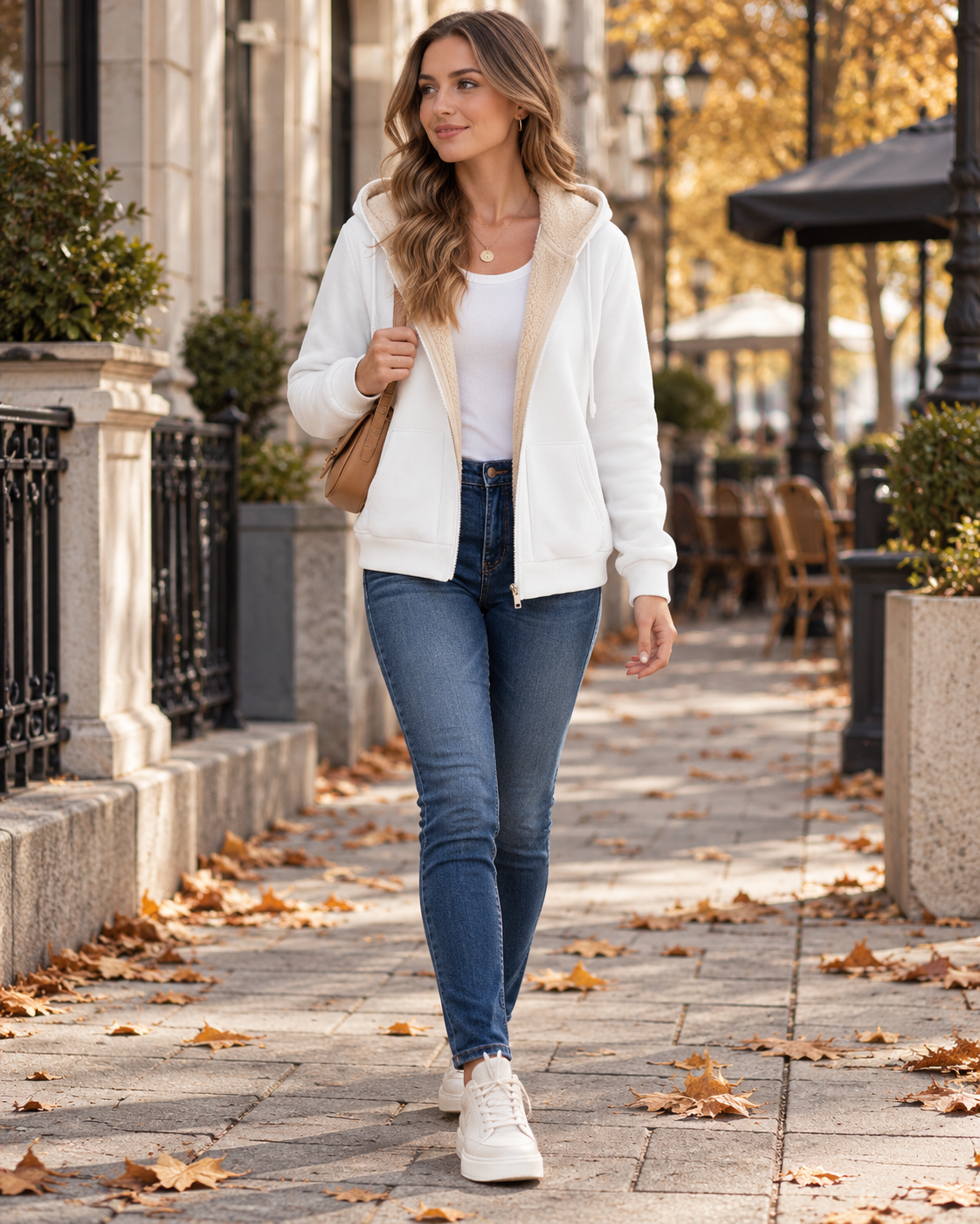 Shaina Women's Cotton Blend Zip Hoodie with Sherpa Lining and Two Front Patch Pockets