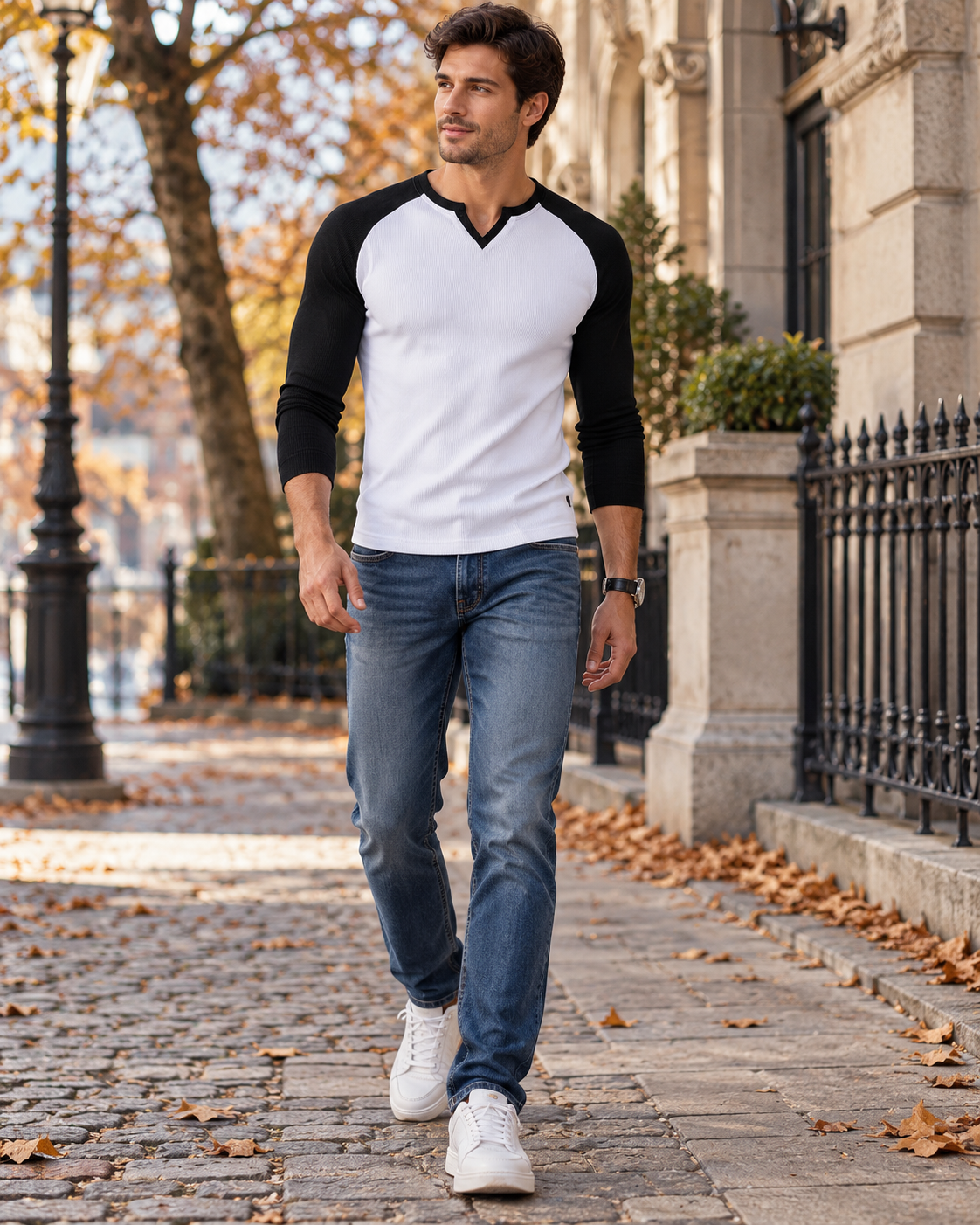 Kian Men's Stretch Ribbed Top with Contrast Long Raglan Sleeves and a Notched V-Neck