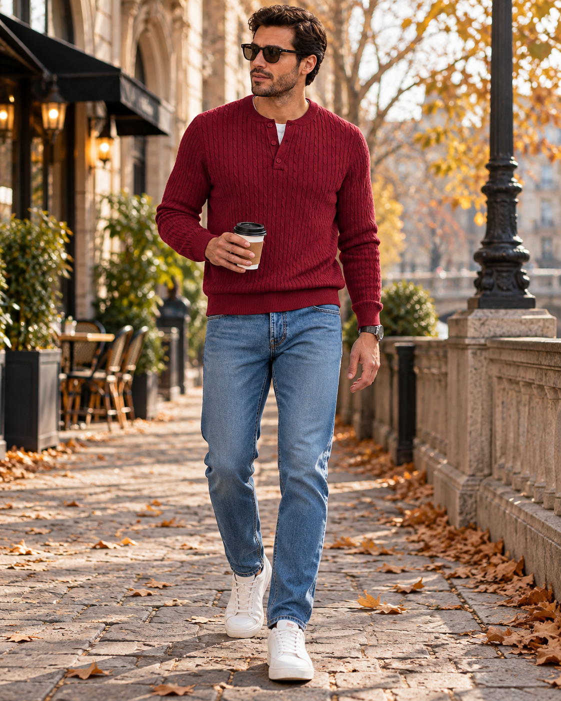 Maglione Henley da uomo Carlo dalla vestibilità slim in maglia a trecce - pullover a maniche lunghe per un look casual