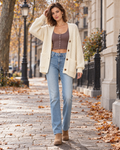 Queenie for Women Chunky Cable Knit V-Neck Button-Front Cardigan Sweater with Pockets