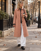 Zaria Women's Long Plaid Trench Coat featuring Classic Lapels and Single-Breasted Buttons