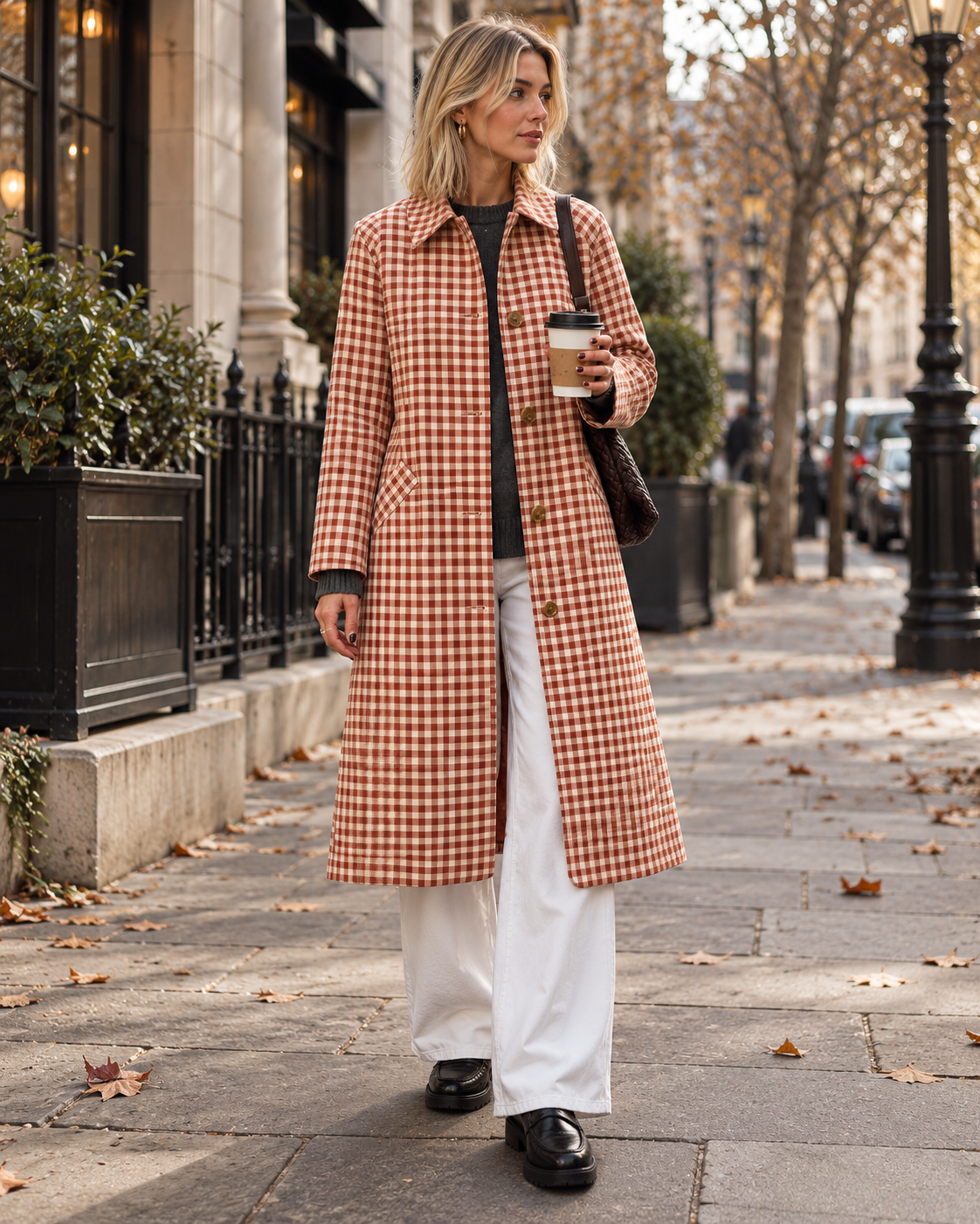Zaria Women's Long Plaid Trench Coat featuring Classic Lapels and Single-Breasted Buttons