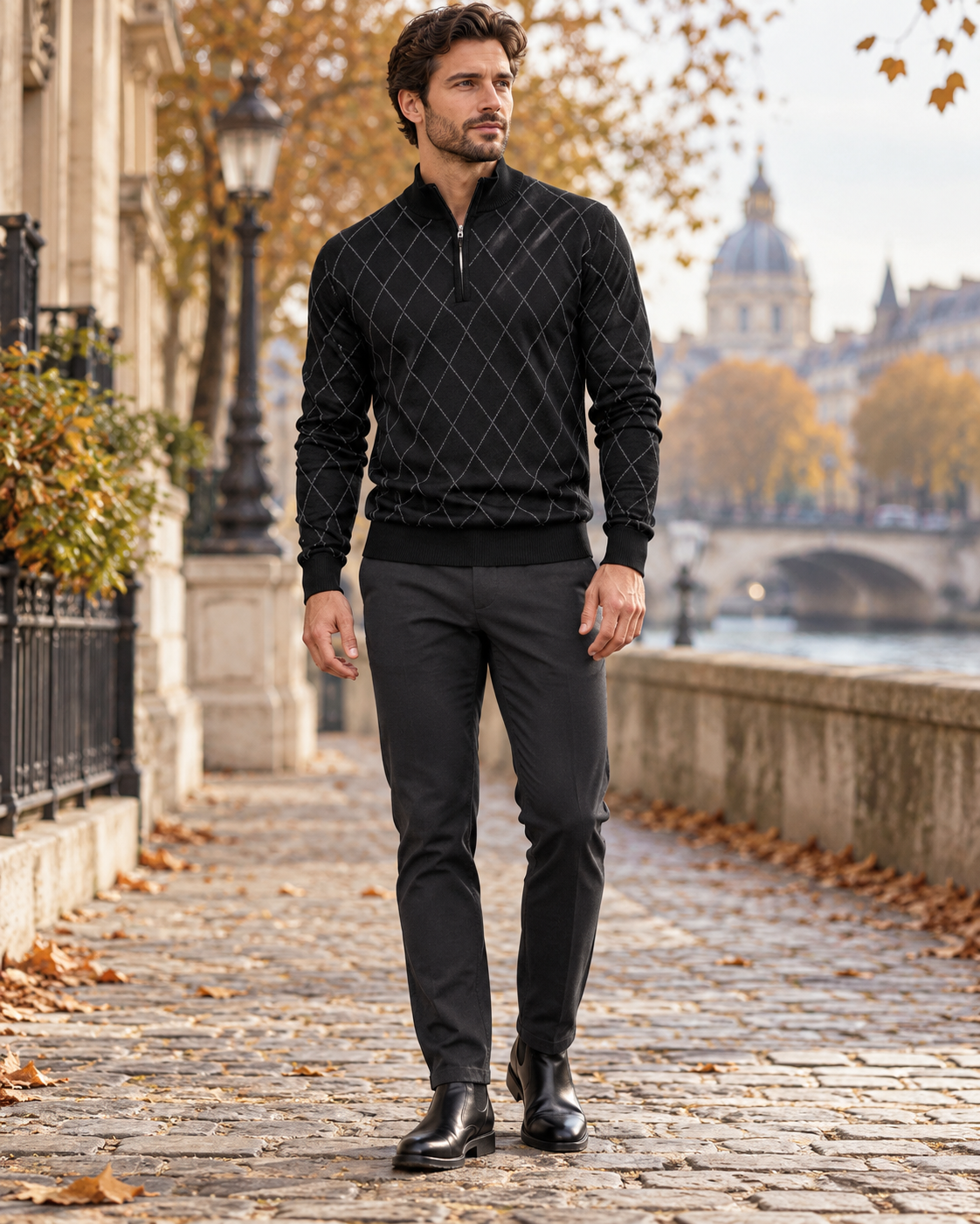 Nash Men's Quarter-Zip Argyle Pullover in Soft Stretch Knit with Ribbed Cuffs and Hem