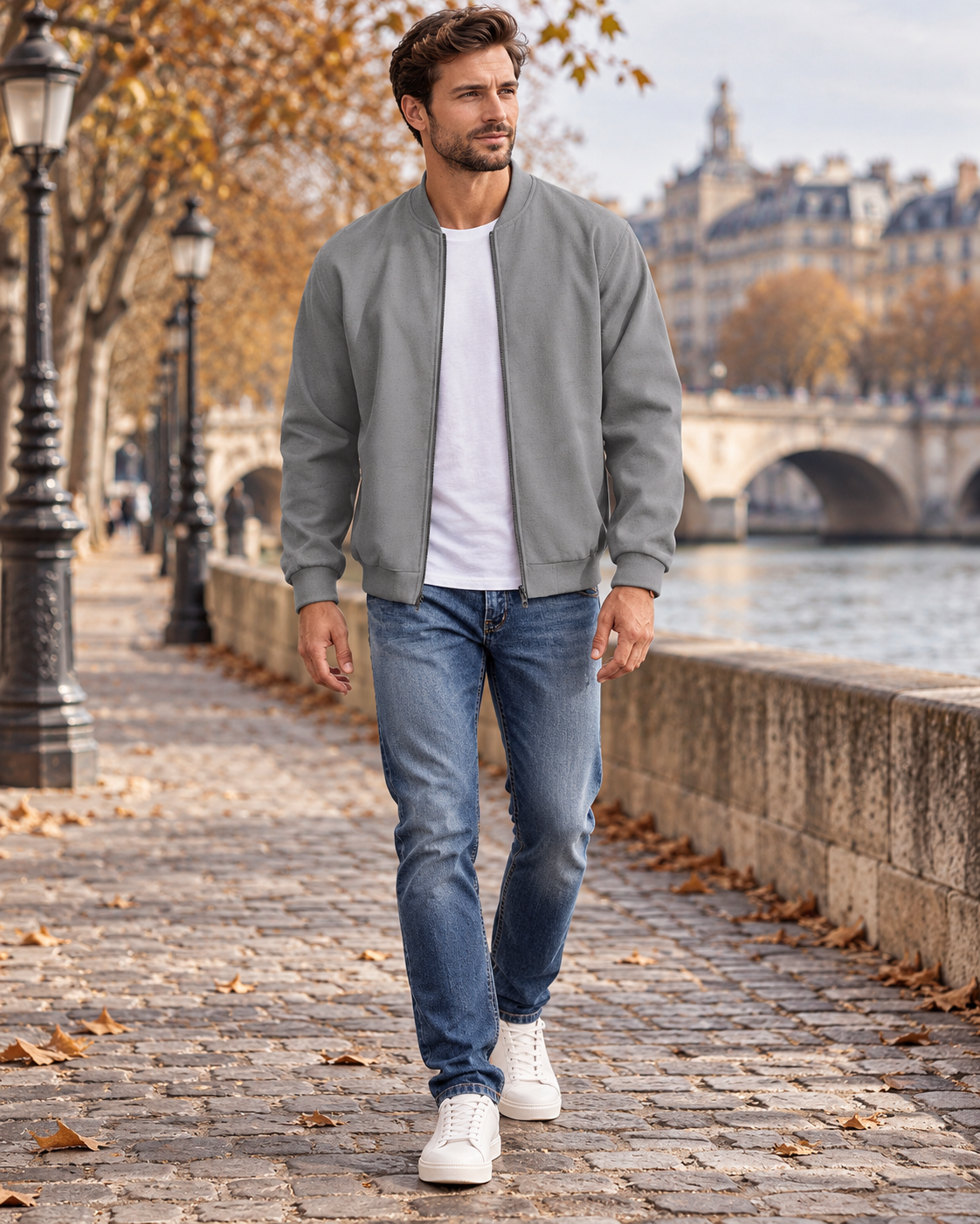 Bryan Men's Linen Bomber Jacket featuring Ribbed Trims, Front Zipper and Two Side Pockets