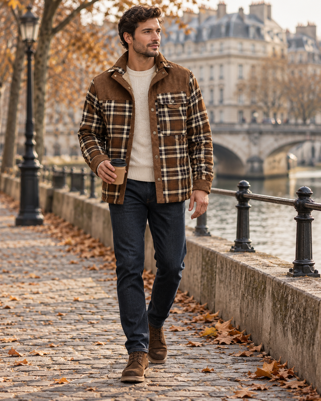 Patricio Men's Plaid Flannel Shacket with Corduroy Panels, Plaid Flannel, Button Front