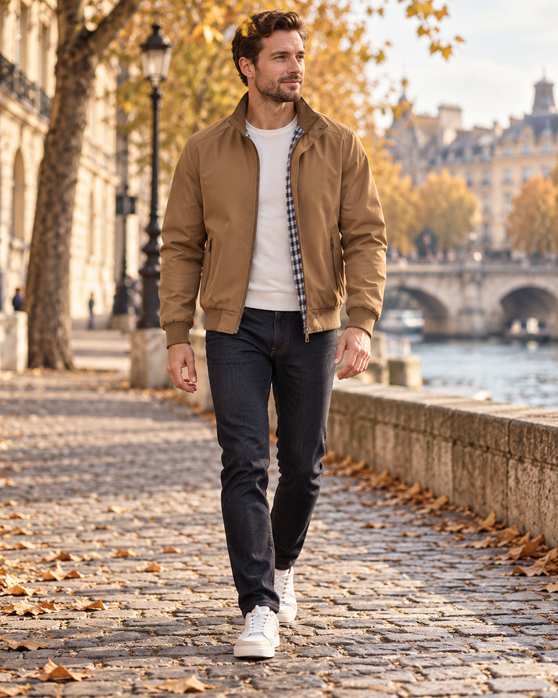 Marco Men's Zip-Front Bomber Jacket with Lightweight Fabric and Checked Interior Lining