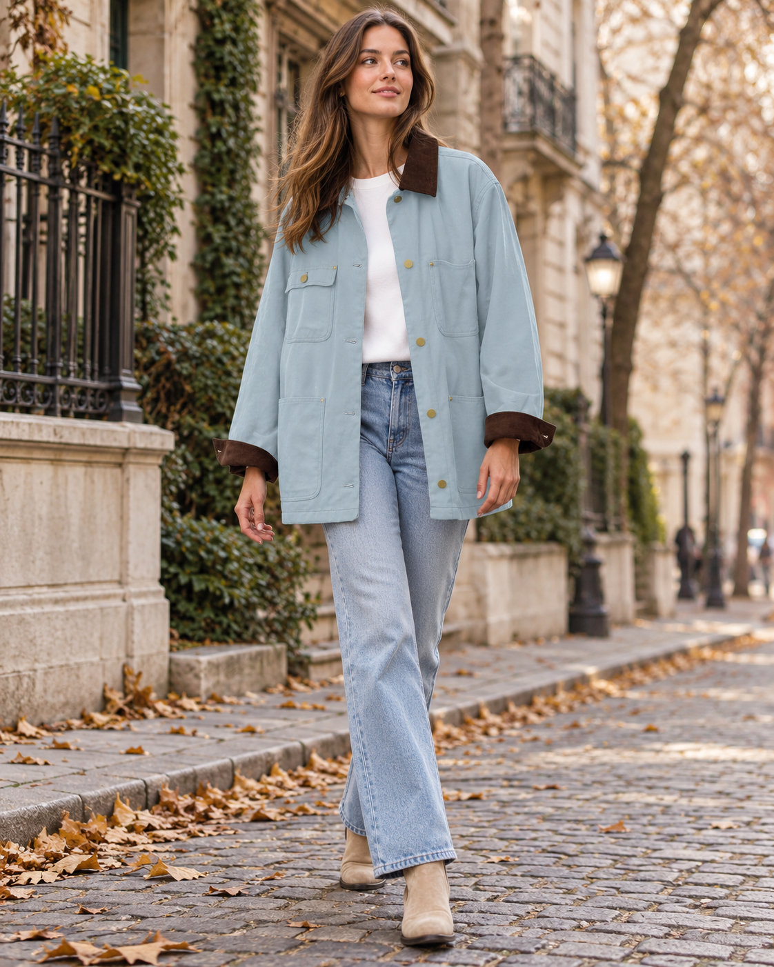 Lara for Women Relaxed Oversized Cotton Utility Barn Jacket with Corduroy Collar and Patch