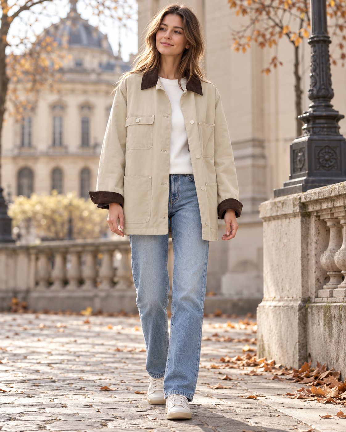 Lara for Women Relaxed Oversized Cotton Utility Barn Jacket with Corduroy Collar and Patch