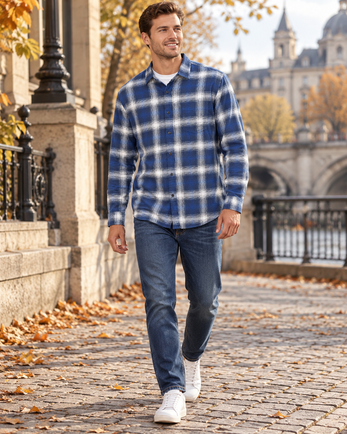 Miko Men's Long-Sleeve Check Shirt in Soft Brushed Cotton Flannel with a Patch Pocket