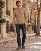 Camiseta Henley de algodón de manga larga Denzel para hombre, con cuello de cuatro botones y costuras raglán en contraste