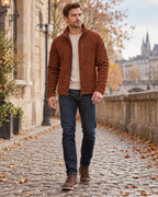 Vince Men's Full-Zip Jacket with Fleece Inside, Textured Knit Outside and Stand Collar