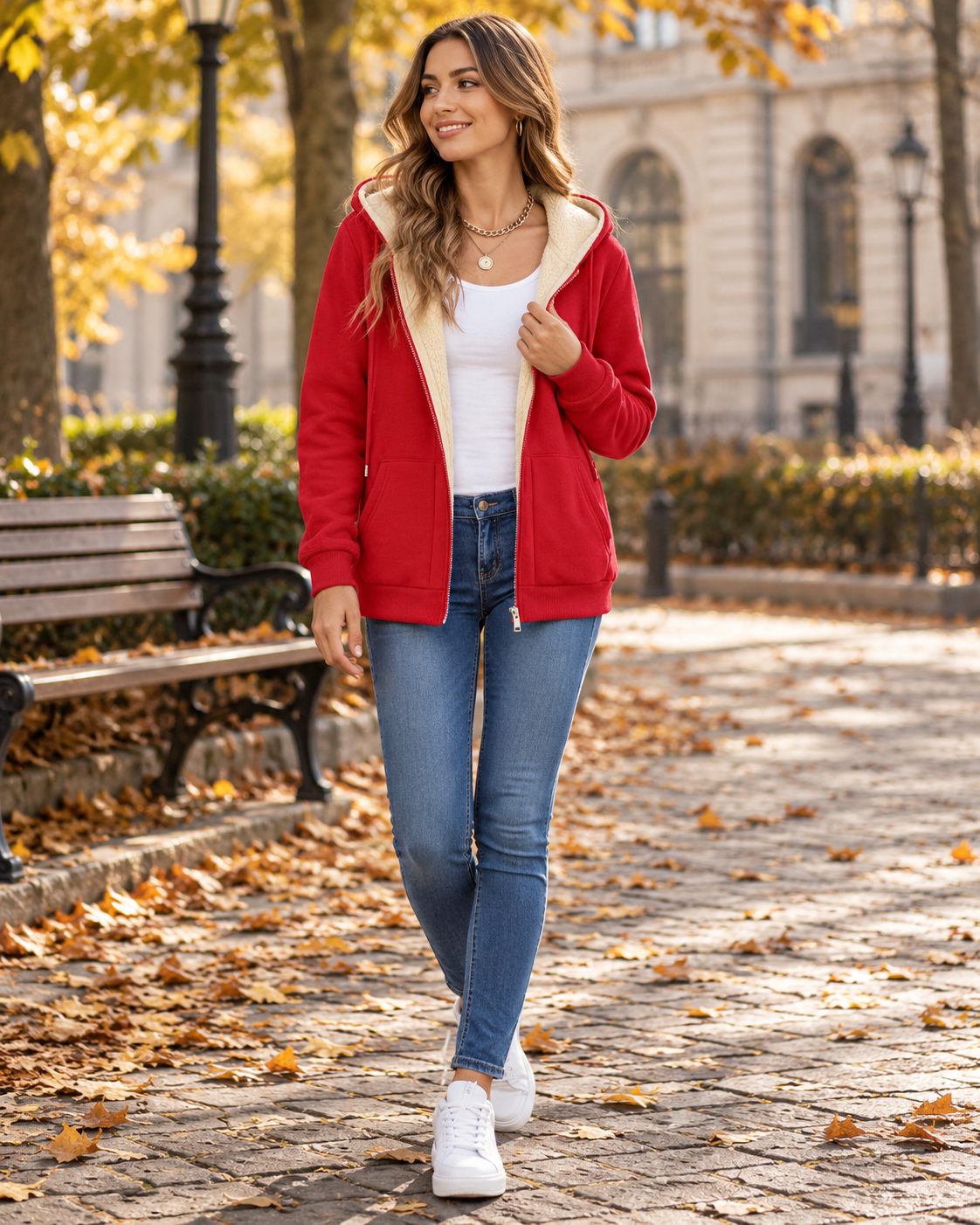 Shaina Women's Cotton Blend Zip Hoodie with Sherpa Lining and Two Front Patch Pockets
