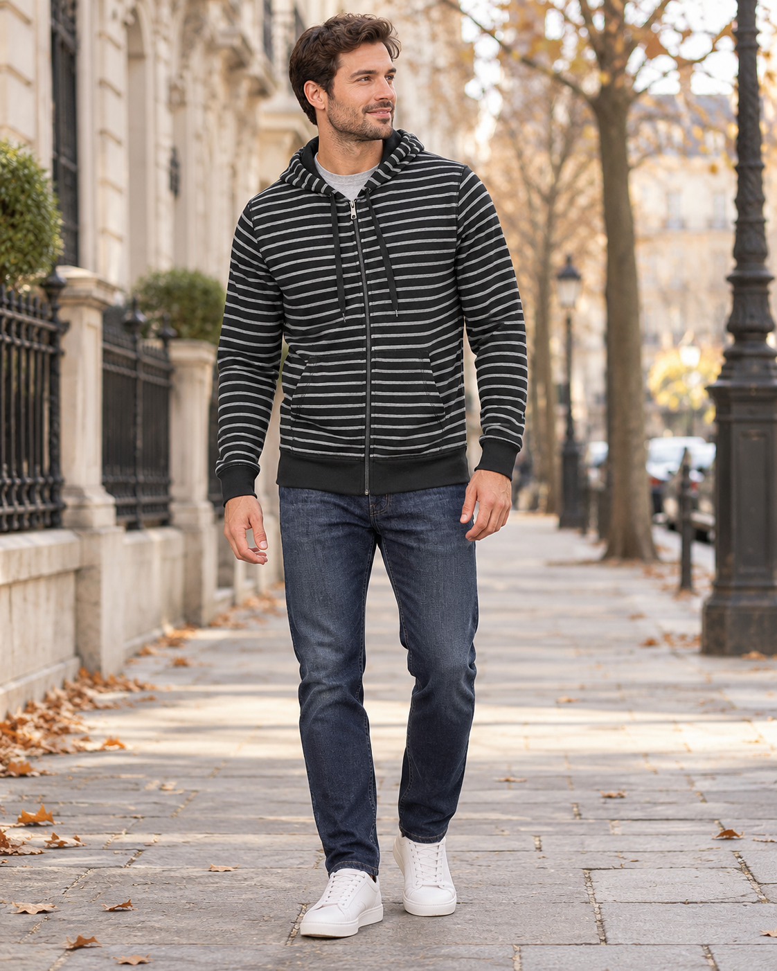 Tomas Men's Full-Zip Striped Sweatshirt with Brushed Fleece, Hood and Two Hand Pockets