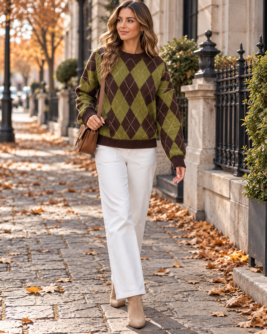 Hailey Women's Loose Argyle Pullover with a Crew Neck, Dropped Shoulders and Ribbed Cuffs