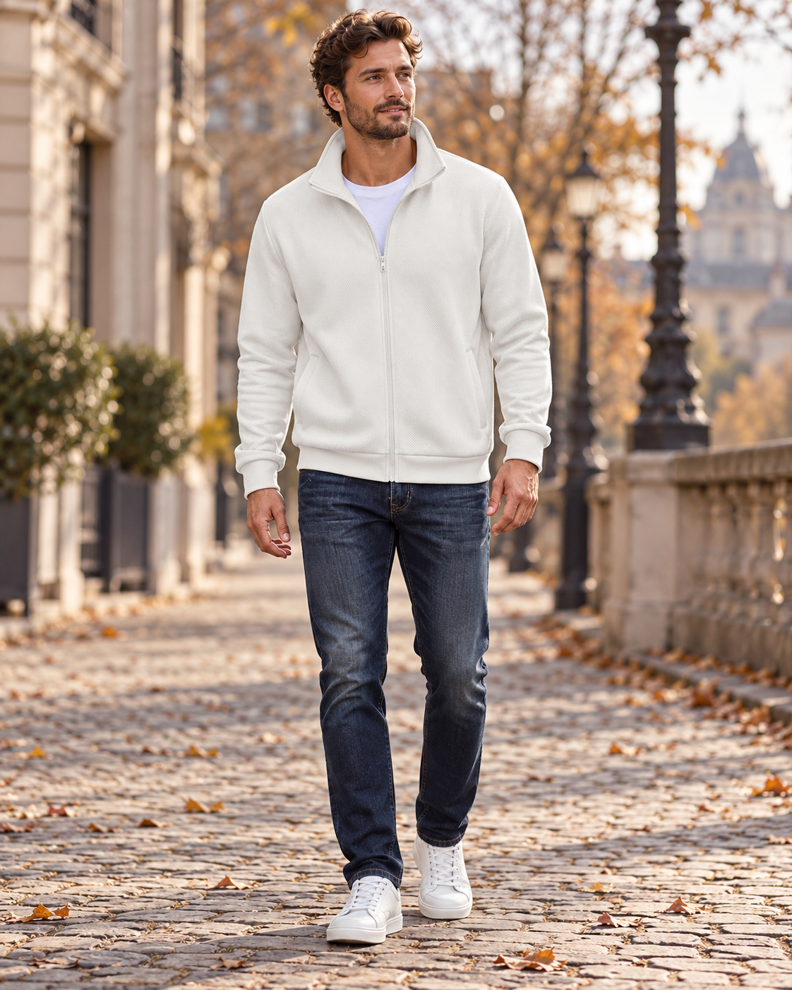 Bryan Men's Textured Zip-Up Sweater with Foldable Stand Collar and Ribbed Cuffs and Hem
