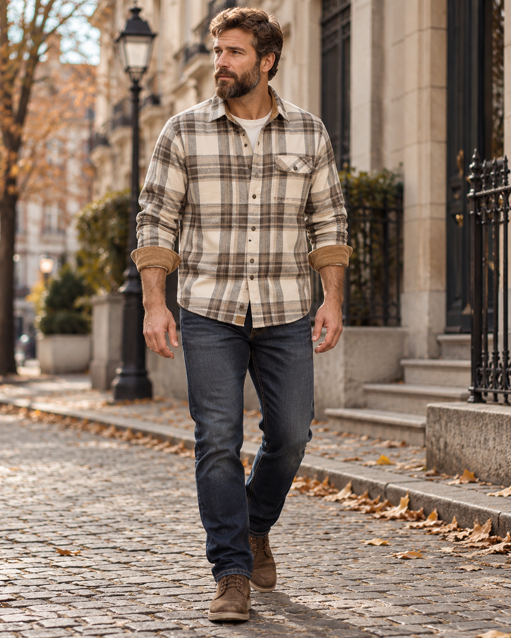 Camicia da uomo Santino in flanella di cotone a quadri con bordi in velluto a coste, flanella di cotone, taschino sul petto