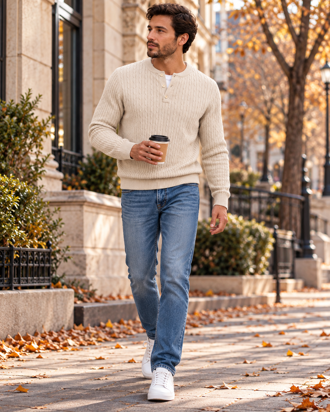 Carlo Men's Slim Fit Cable Knit Henley Sweater – Long Sleeve Pullover for Casual Wear
