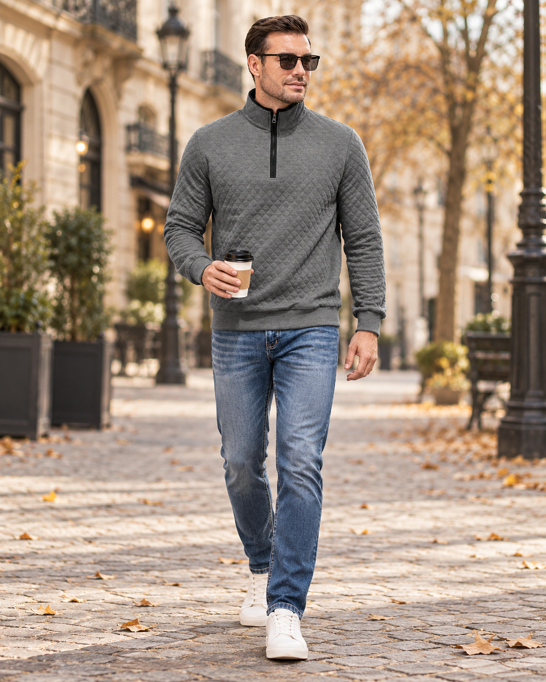 Cedrick Men's Mock-Neck Quilted Pullover with Short Front Zip and Ribbed Cuff Finish