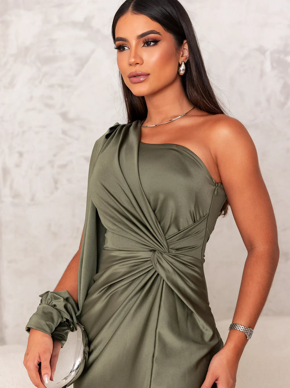 Ava Evening Dress | One-Shoulder Satin Gown with Side Slit 10