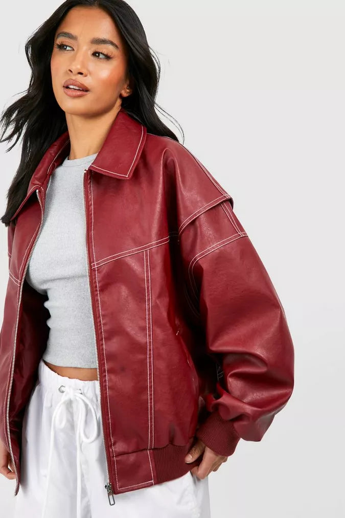 Ava Women's Jacket | Oversized Leather Bomber with Contrast Stitching 0