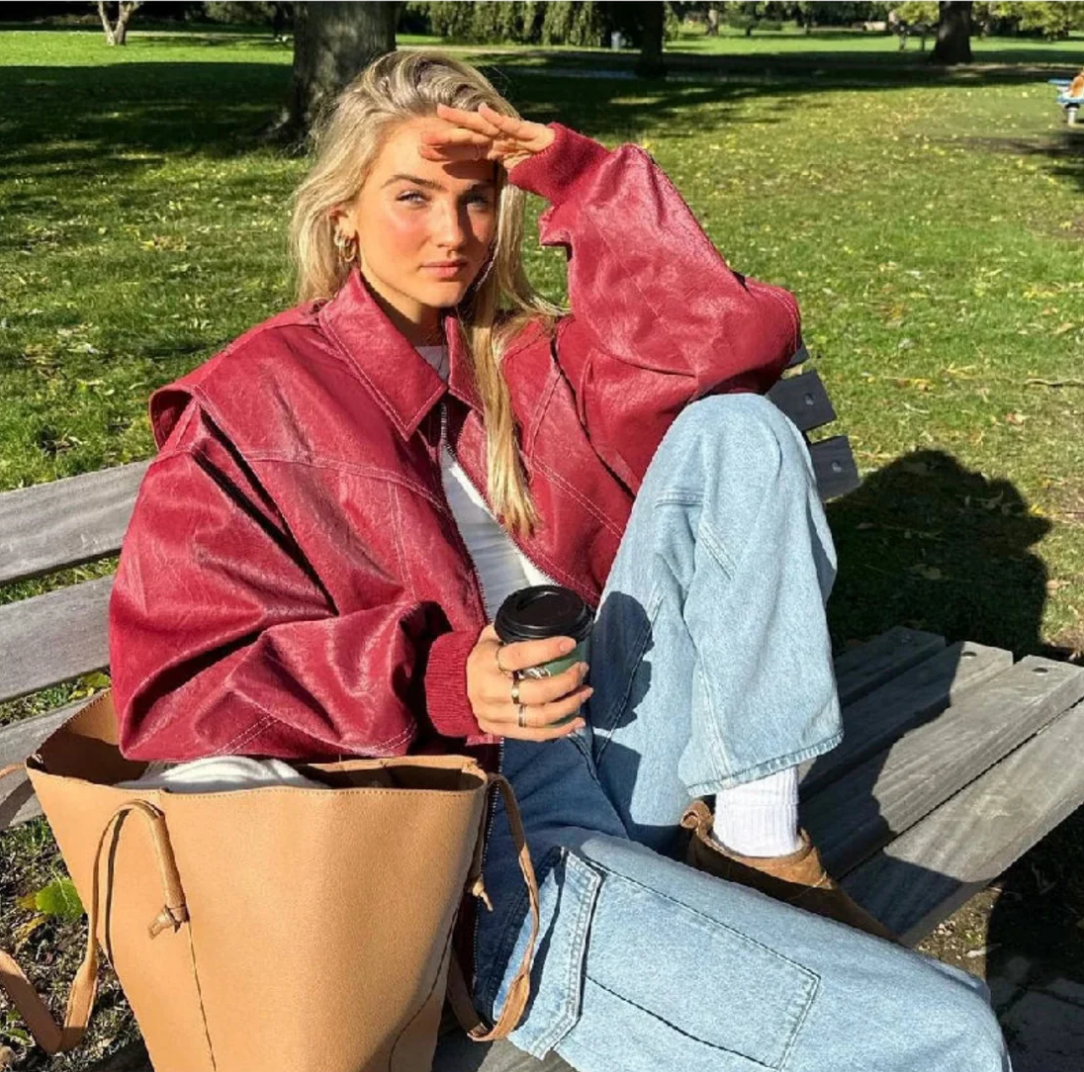 Ava Women's Jacket | Oversized Leather Bomber with Contrast Stitching 2