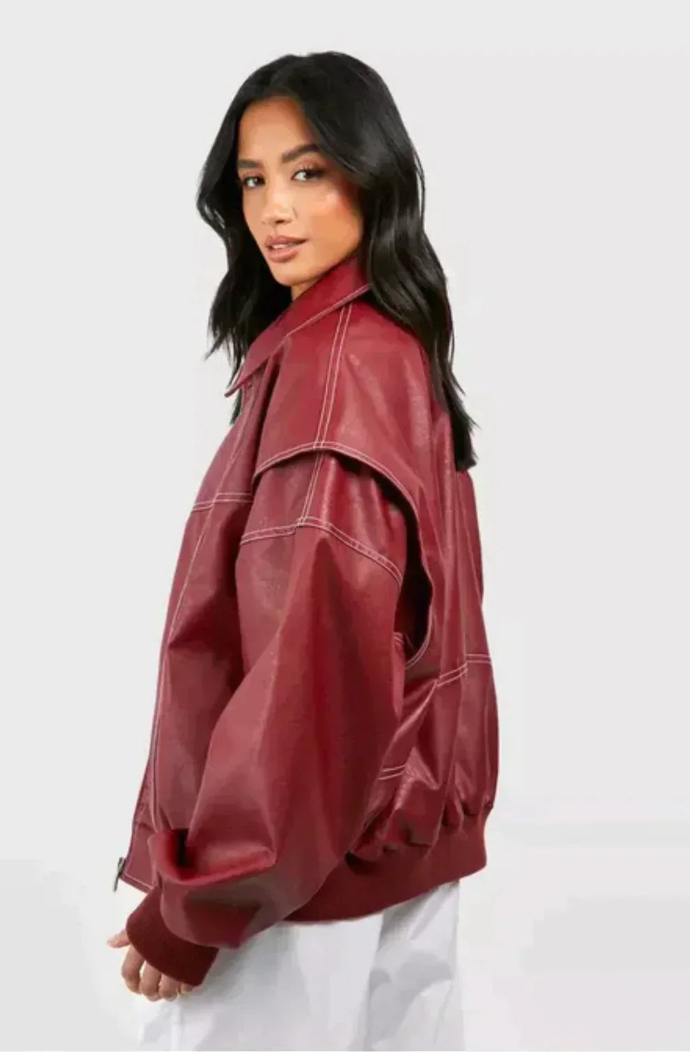 Ava Women's Jacket | Oversized Leather Bomber with Contrast Stitching 4