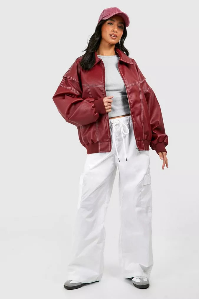 Ava Women's Jacket | Oversized Leather Bomber with Contrast Stitching 5