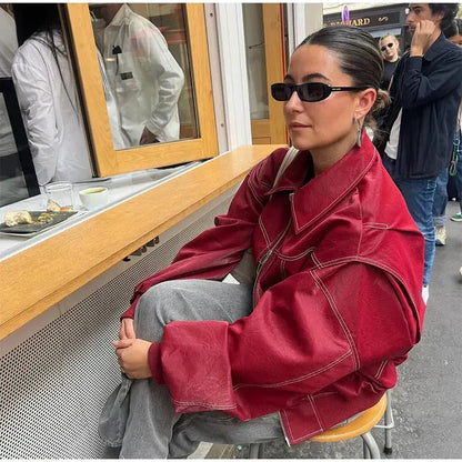 Ava Women's Jacket | Oversized Leather Bomber with Contrast Stitching 8