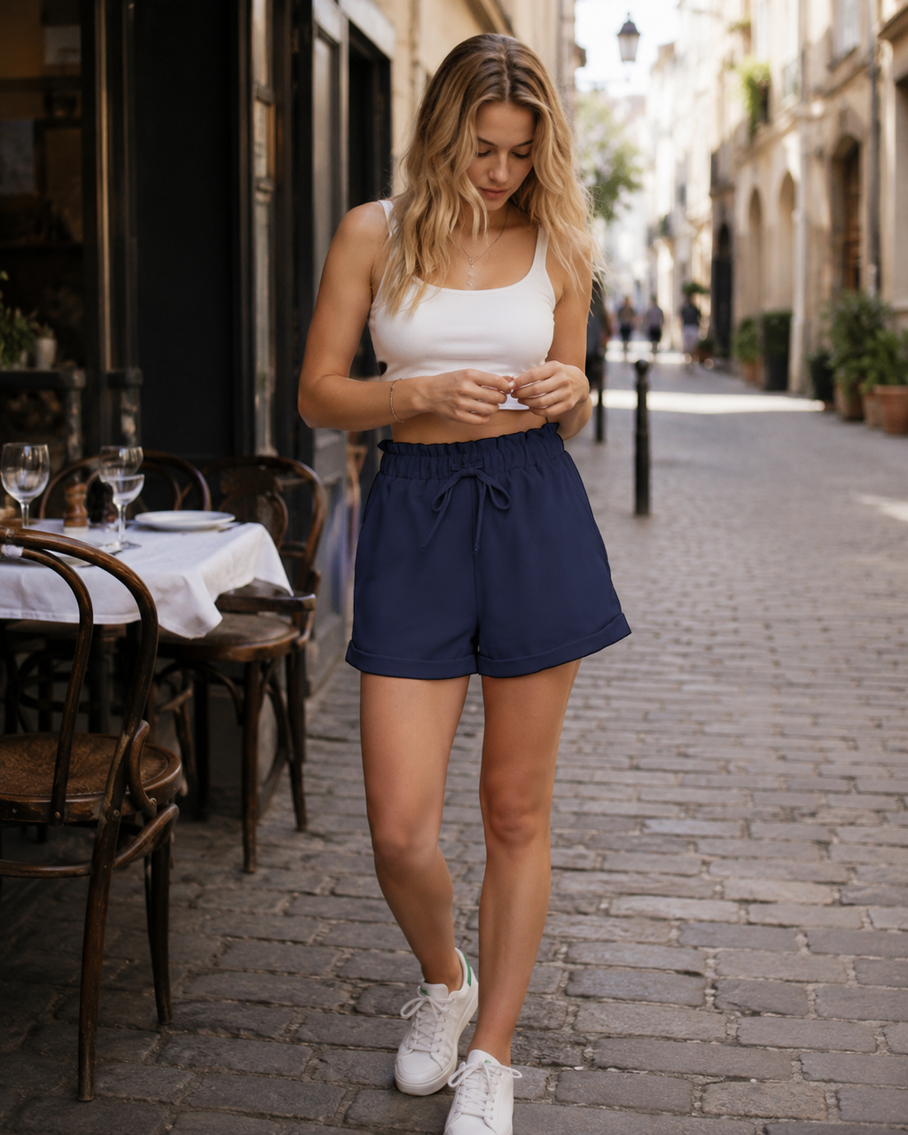 Pantaloncini estivi da donna Ava – Pantaloncini a vita alta con coulisse e tasche per i viaggi