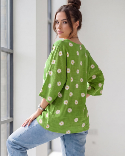 Tunica in cotone da donna Anika – camicetta Lagenlook a maniche a 3/4 con stampa di margherite