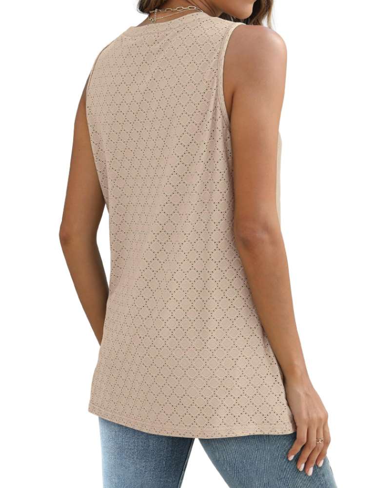 Top de tirantes con bordado calado para mujer Sophie – Blusa de verano holgada, sin mangas y de cuello alto