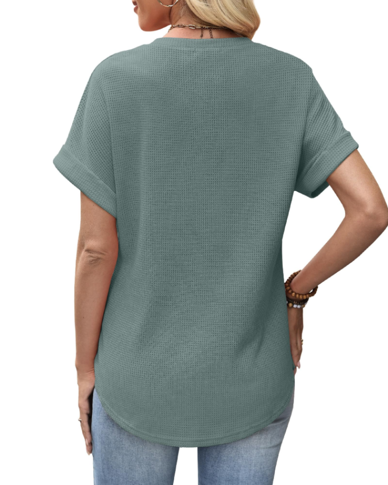 Top de punto waffle para mujer Hannah – Camisa de manga corta y cuello redondo con bloques de color