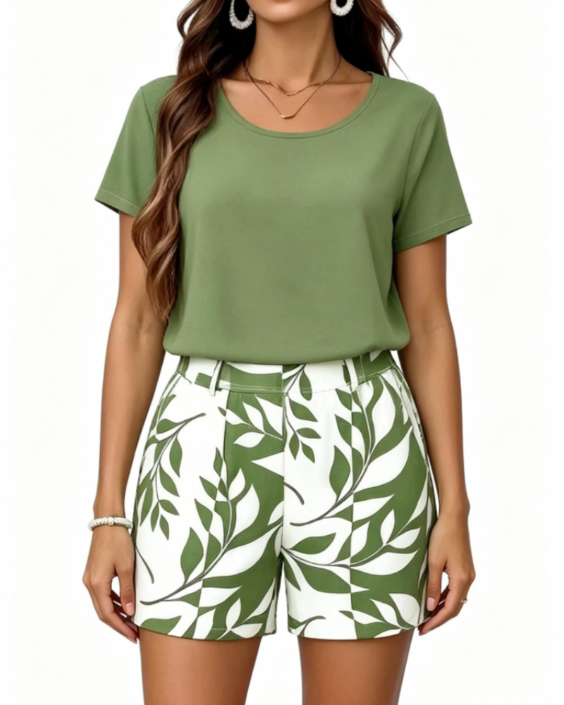 Chloe Women’s 2-Piece Summer Set – Leaf Print Round Neck Short Sleeve Top & Shorts