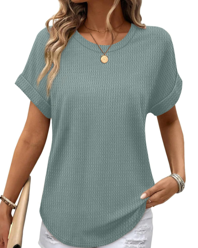 Top de punto waffle para mujer Hannah – Camisa de manga corta y cuello redondo con bloques de color