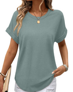 Top de punto waffle para mujer Hannah – Camisa de manga corta y cuello redondo con bloques de color