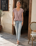 Top con scollo a V da donna Yasmine – Elegante blusa con nodo sul davanti e vestibilità drappeggiata valorizzante