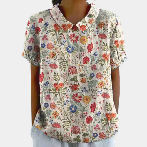 Blusa da donna Bruna con stampa floreale – Top casual chic a maniche corte con girocollo