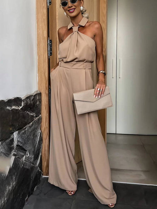 Tuta intera da donna Aliya a gamba larga – Modello smanicato con colletto a camicia e tasche